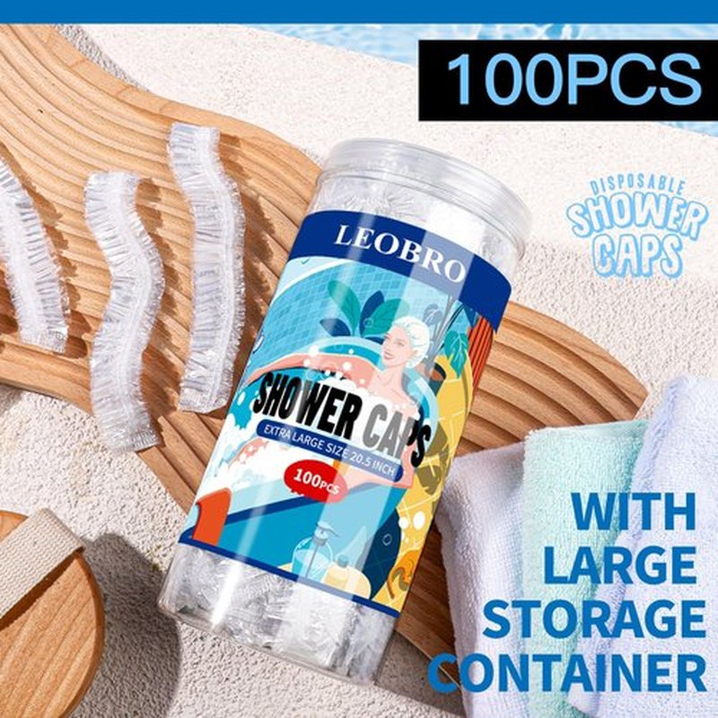 LEOBRO Extra Large Disposable Shower Cap, 100PCS Shower Caps, Plastic Shower Caps for Women Disposable, Clear Thick Plastic Hair Caps Plastic Caps for Hair Treatment, Extra Large Size 20.5 INCH