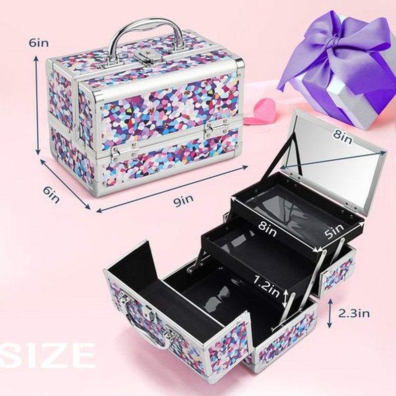 Joligrace Makeup Box Cosmetic Train Case Jewelry Organizer Lockable with Keys and Mirror 2-Tier Tray Portable Carrying with Handle Travel Storage (Spotted Purple)