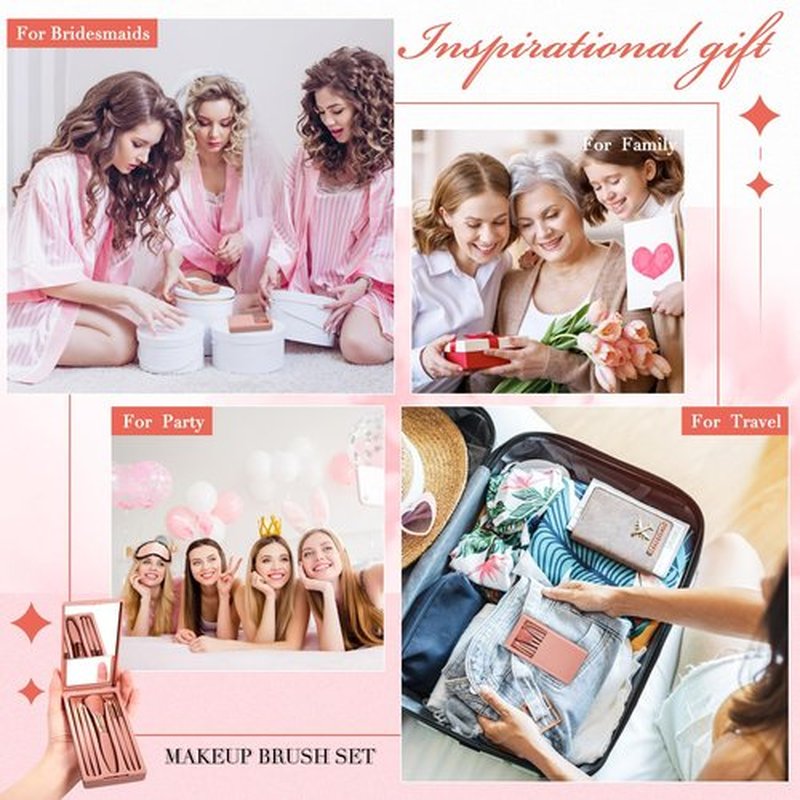 FoldTier 6 Sets Bridesmaid Proposal Gifts Mini Travel Makeup Brushes Bulk Bridesmaid Trip Bride Cosmetic Bag for Wedding Bridal Shower Bachelorette Party(Cameo Brown)