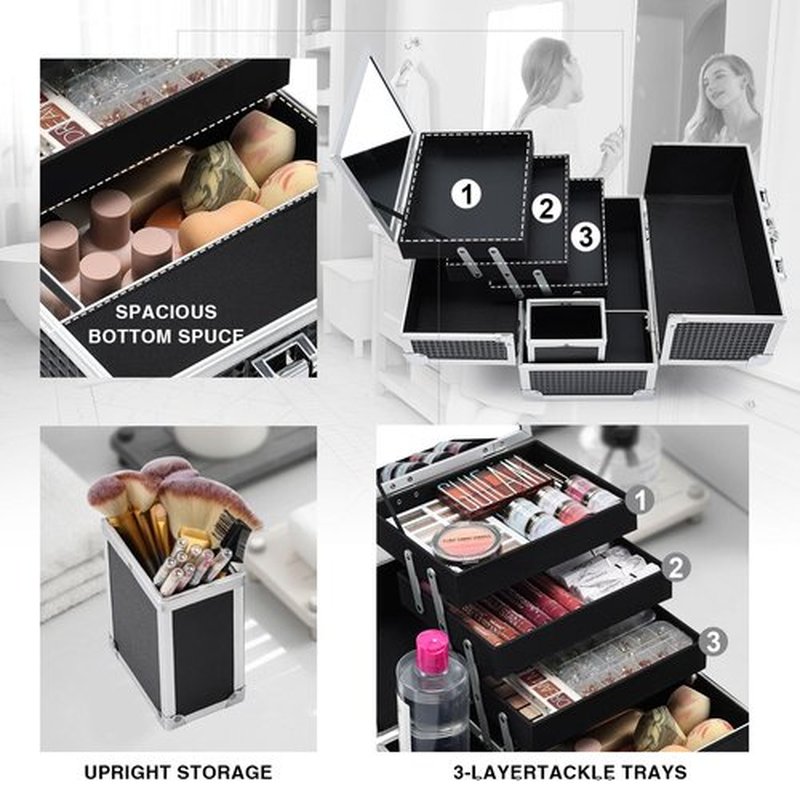 Joligrace Makeup Box Organizer Large Makeup Case 3-Tray with Mirror Carrying Make-up Train Case with Brush Holder Locking Portable Cosmetic Travel Storage Shiny Black