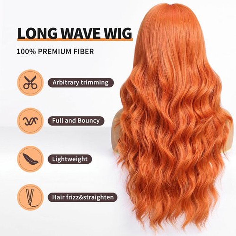 KOME Orange Wigs with Bangs,Orange Wig for Women Long Wavy Wig for Women,Long Curly Wigs Synthetic Hair Wig for Party Cosplay Daily Use 26IN