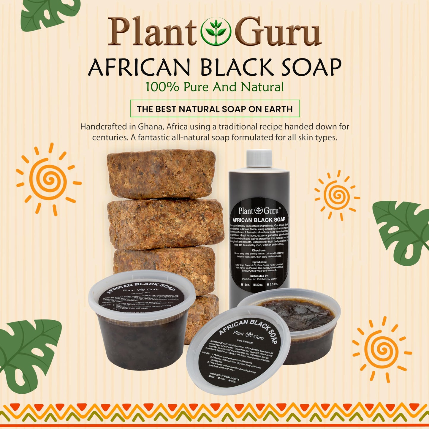 Plant Guru Raw African Black Soap 2 lbs. Bulk Bars 100% Pure Natural From Ghana.
