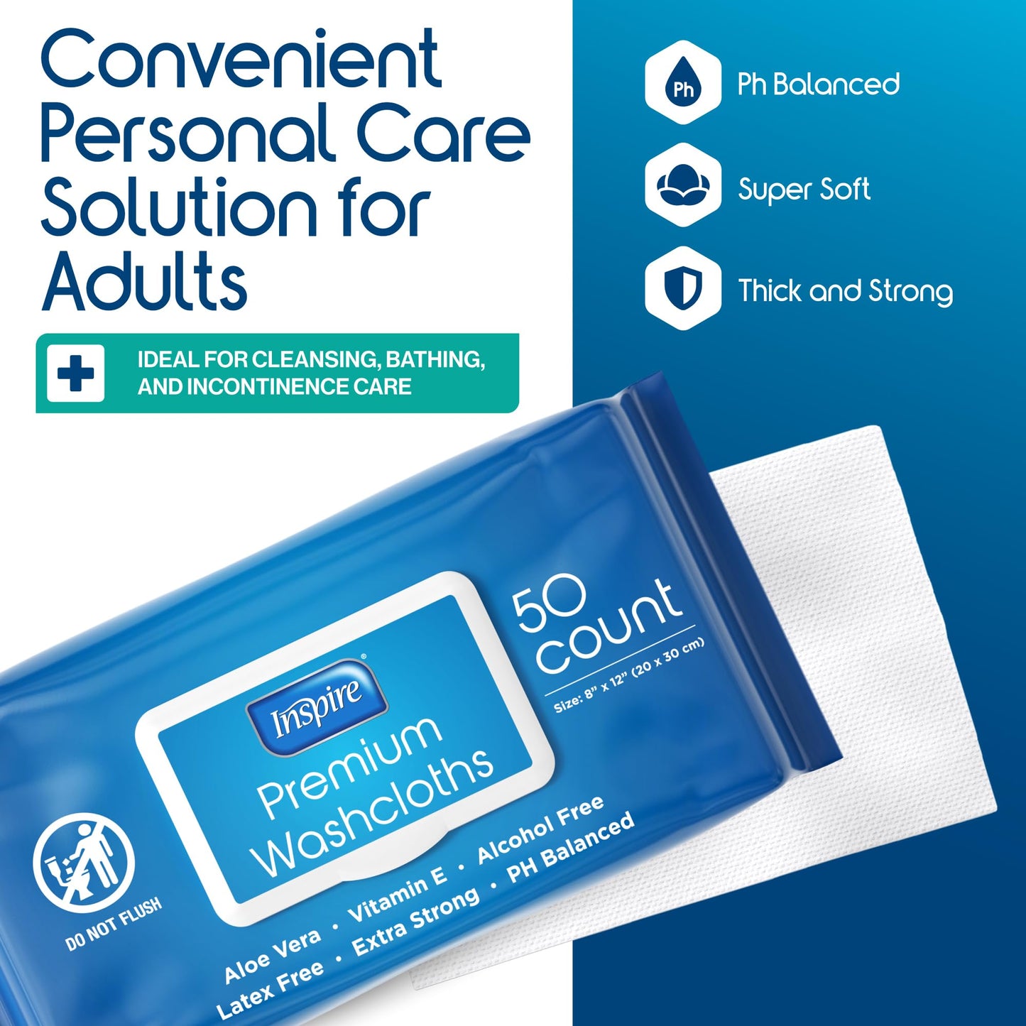 Inspire Adult Wet Wipes, Wash Cloths, Incontinence & Cleansing for Elderly Extra Large, 8"x12" (Pack of 8)