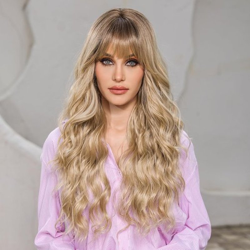 HAIRCUBE Ombre Blonde Wig for Women Long Wavy Wigs with Bangs Layered Synthetic Wigs Natural Looking Comfortable and Breathable