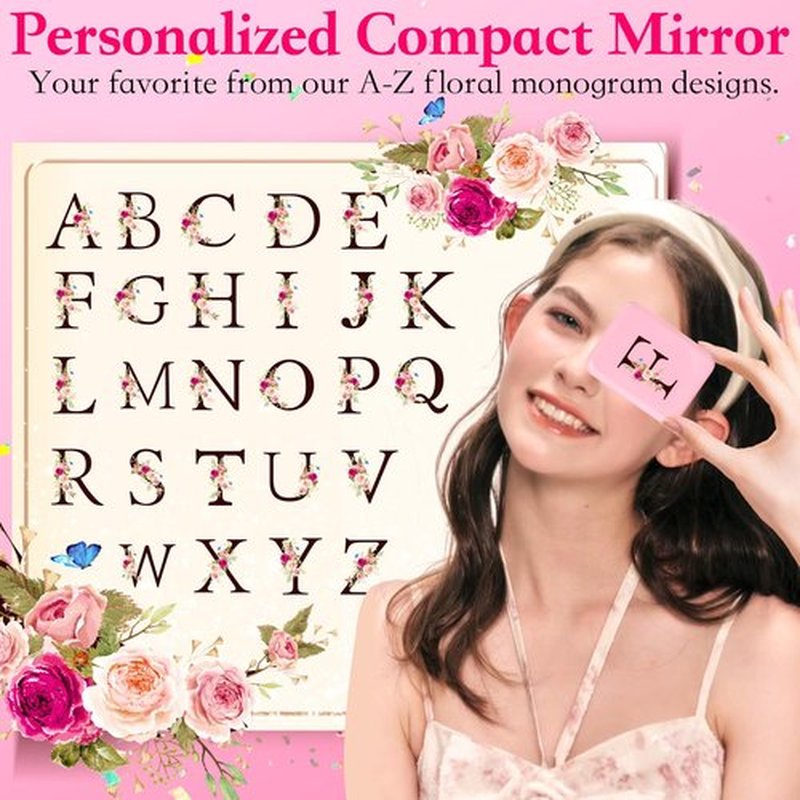 KEWWADB Travel Mirror with Lights, Initials Portable Compact Mirror, Travel Essentials, Suitable for Teen Girls, Young Women Gifts Ideas, Birthdays Gifts(Pink) (F)