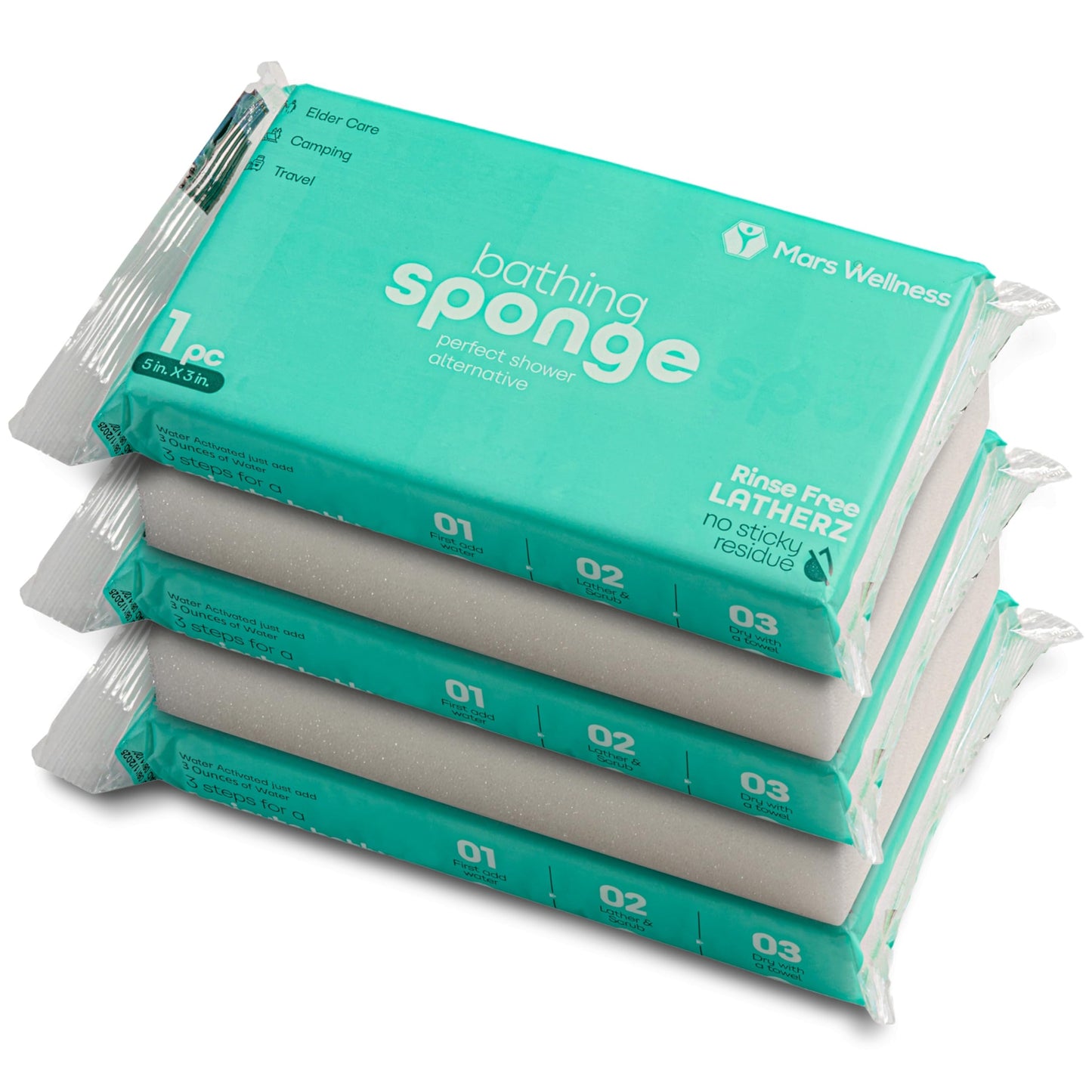 Latherz Rinse Free Bath Sponges for Adults for Sensitive Skin - 5 Pack Soap Infused No Rinse Bathing Wipes for Elderly Care, Post Surgery, Camping & Travel - Waterless Disposable Body Wash Cloths