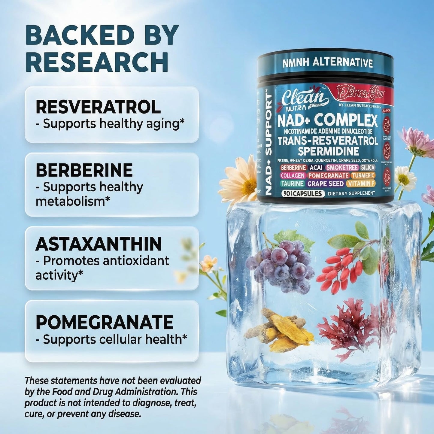 NAD Resveratrol Supplement Spermidine Fisetin Quercetin Grape Seed Gotu Kola Berberine Astaxanthin Taurine Pomegranate Acai Anti Aging Longevity Capsules for Women Men EternaGlow by Clean Nutra 90ct