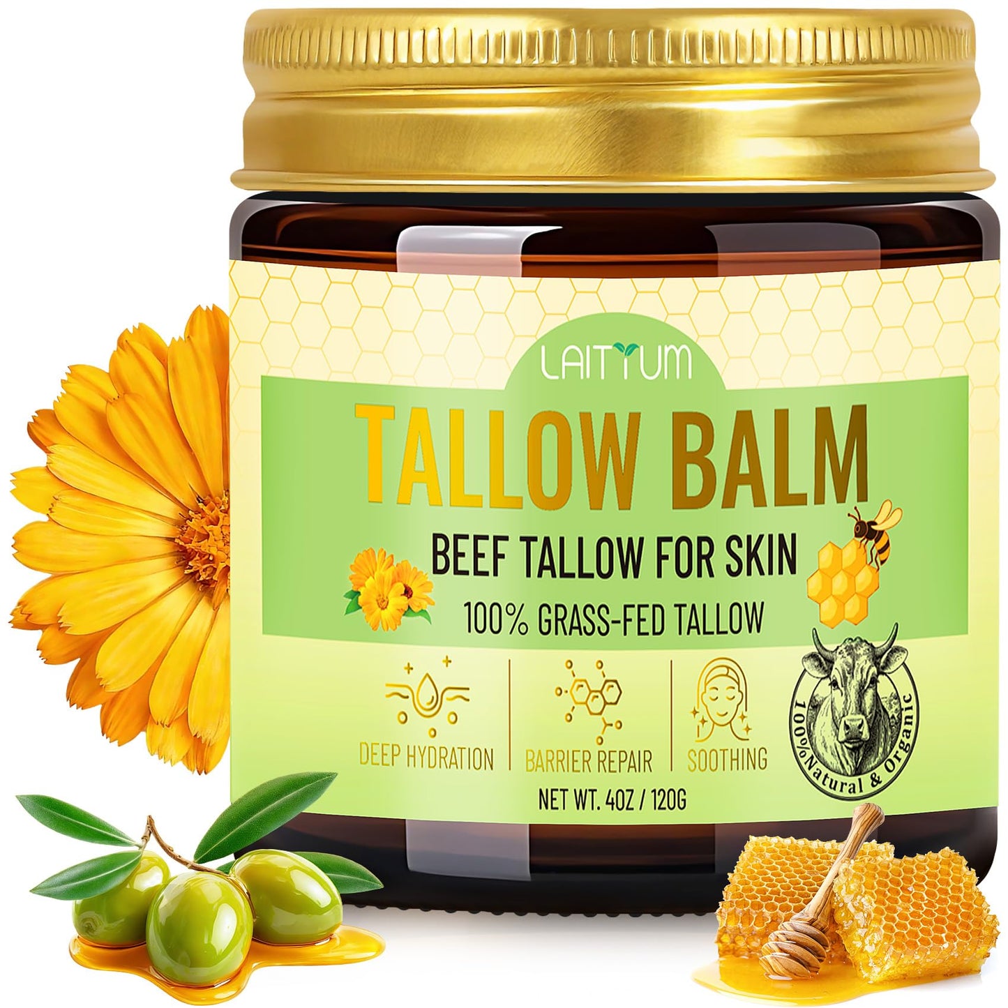 LAITYUM Beef Tallow for Skin -4oz Organic Tallow and Honey Balm for Face Moisturizer,100% Grass Fed Beef Tallow Cream,Natural Whipped Tallow Balm Deeply Nourishment for Body Dry,Cracked,Sensitive Skin