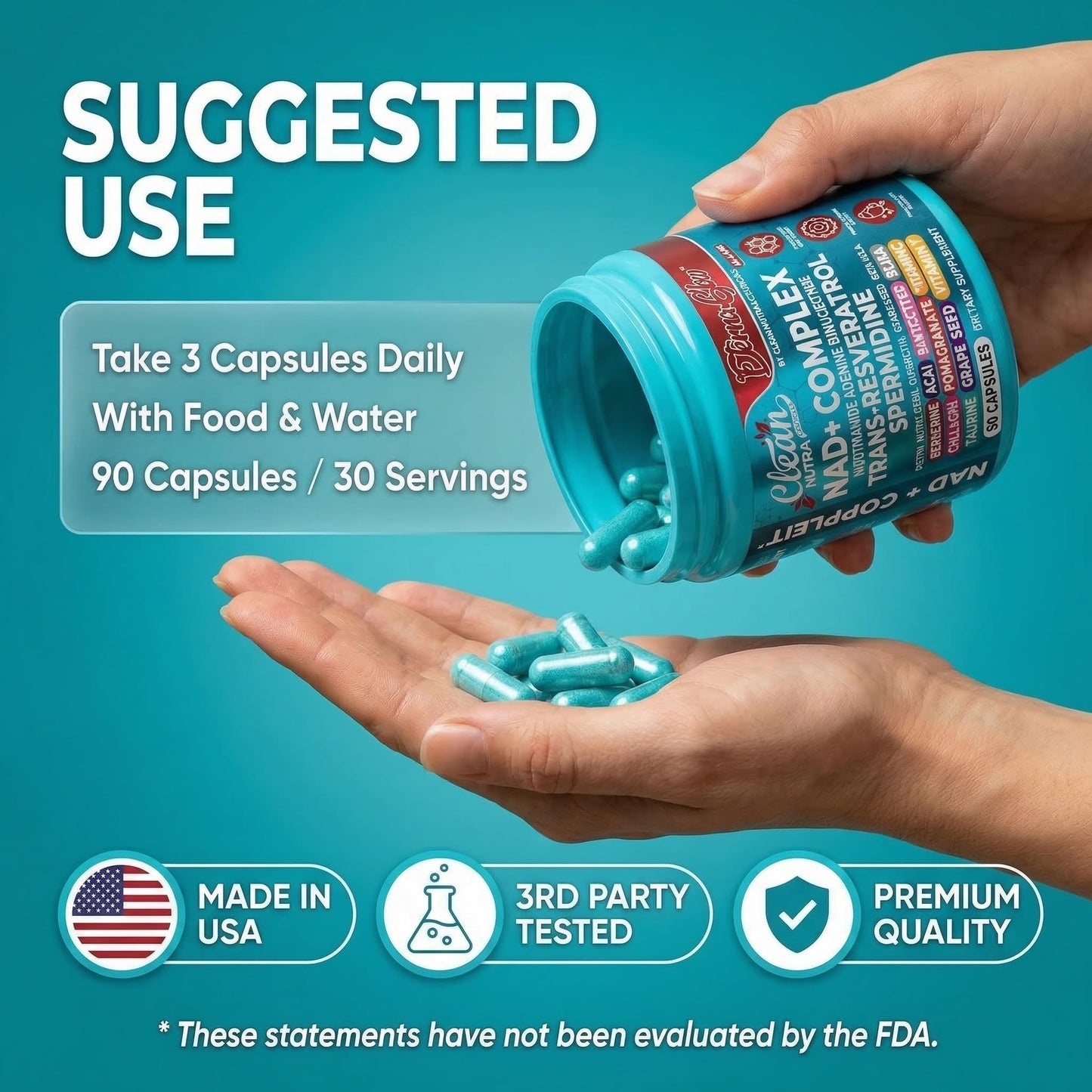 NAD Resveratrol Supplement Spermidine Fisetin Quercetin Grape Seed Gotu Kola Berberine Astaxanthin Taurine Pomegranate Acai Anti Aging Longevity Capsules for Women Men EternaGlow by Clean Nutra 90ct