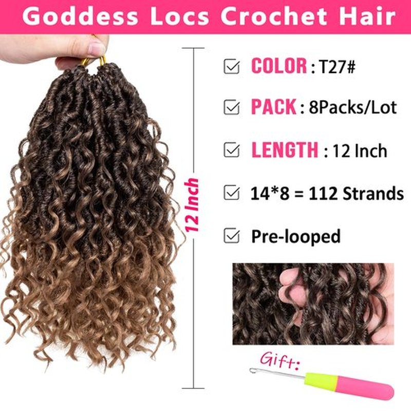 RuiYok 8 Packs Goddess Locs Crochet Hair 12 Inch Ombre Curly Faux Locs Crochet Hair Pre-looped Soft River Locs Crochet Braids Boho Hippie Locs Synthetic Hair Extensions(T27#)