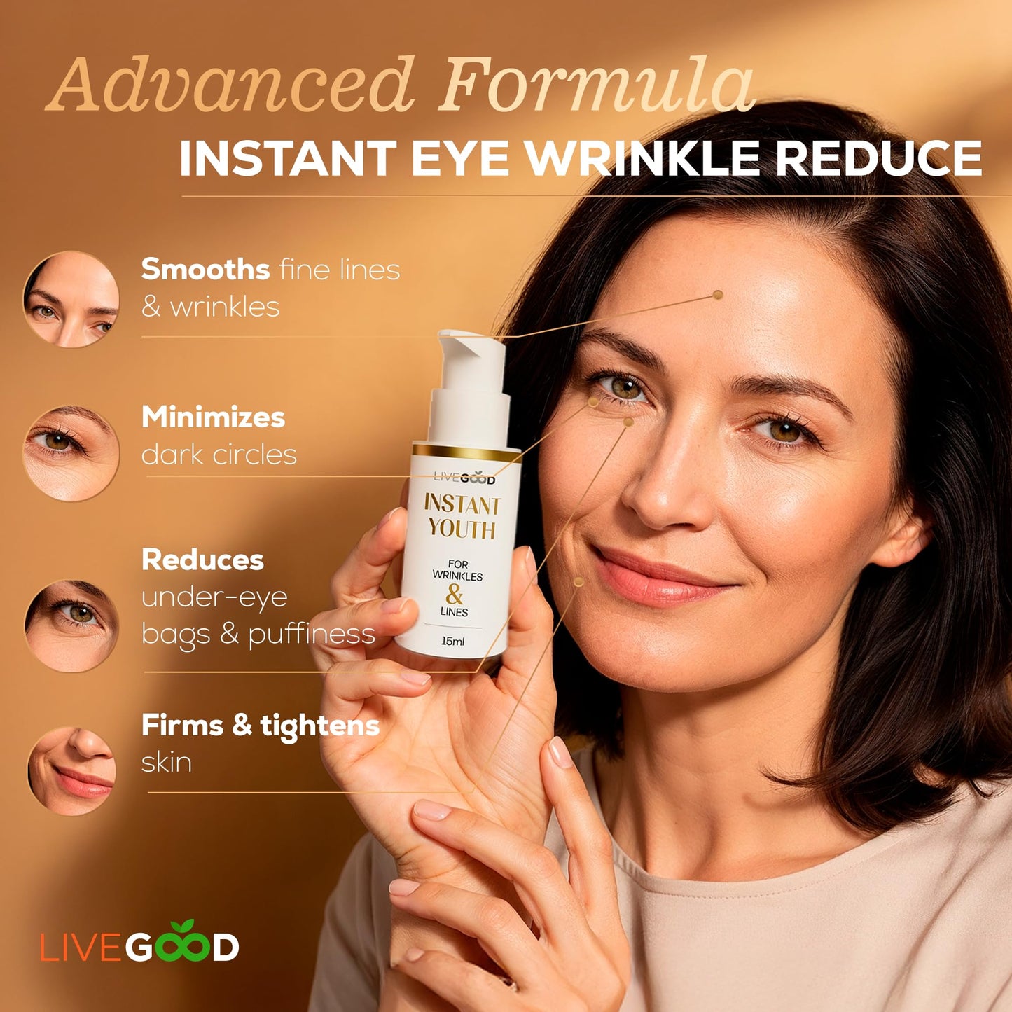 LIVEGOOD Instant Youth Wrinkle Reducer, Face and Eye Smoothing Cream for Fine Lines and Puffiness, Fast-Absorbing Silicate Formula for Temporary Firming and Visible Results in Minutes (30 mL)