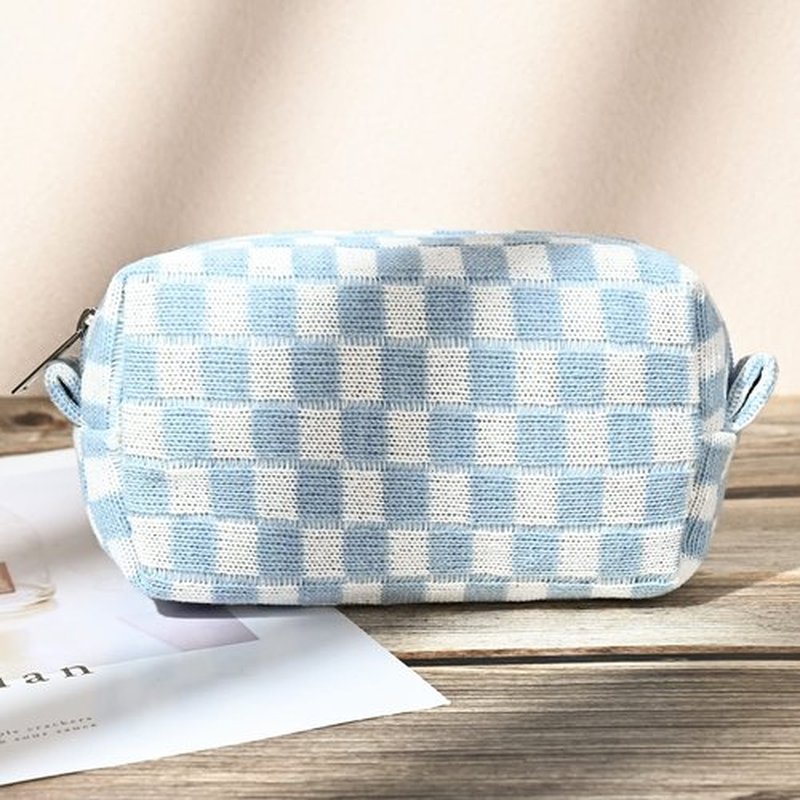 SOIDRAM 2 Pieces Makeup Bag Large Checkered Cosmetic Bag Capacity Canvas Mix Travel Toiletry Bag Organizer Cute Makeup Brushes Aesthetic Accessories Storage Bag for Women, Checkered Mix Blue