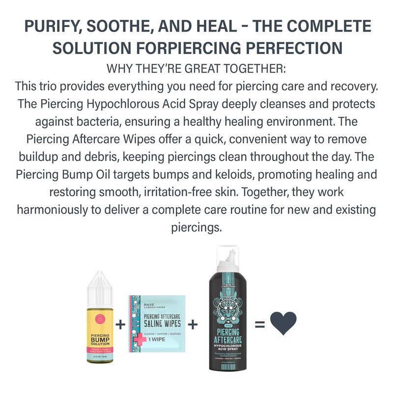Piercing Aftercare Kit - Hypochlorous Acid Spray, Bump Oil & Wipes | Heal Keloids & Scars for Smooth Recovery