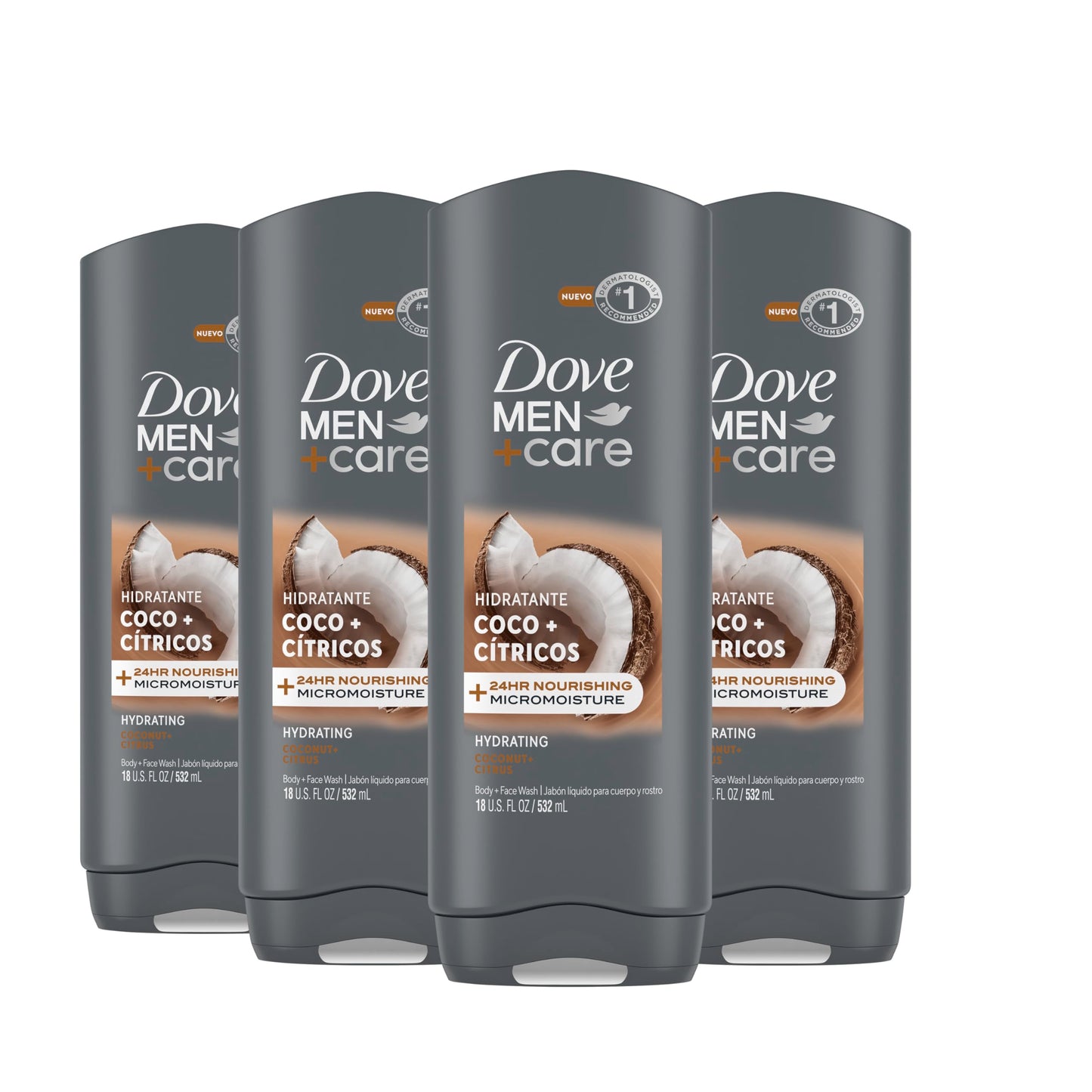 Dove Men+Care Hidratante Coco + Cítricos Body and Face Wash 4 Count for Hydrated Skin Coconut