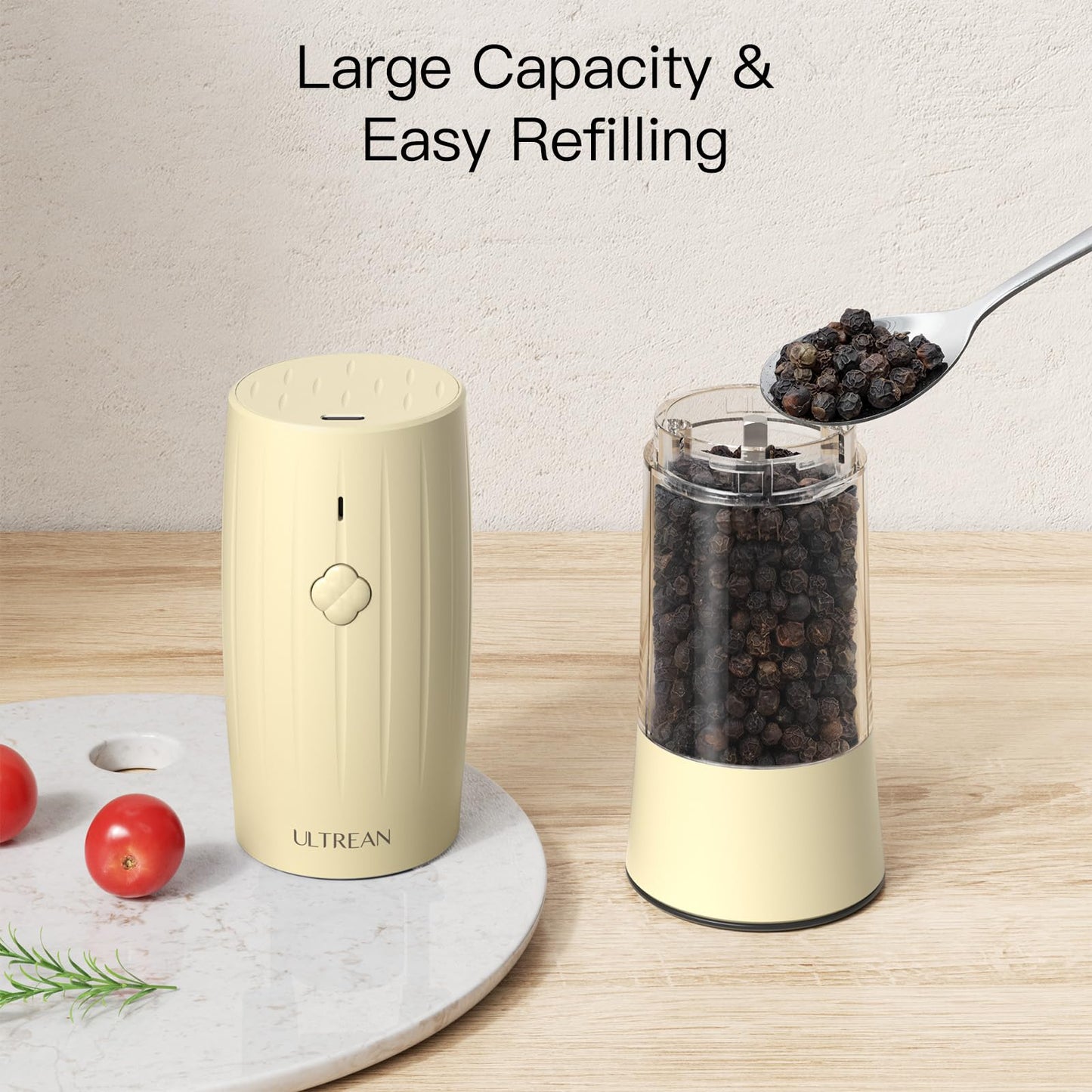 Ultrean Electric Salt and Pepper Grinder Set, USB-C Rechargeable, Salt and Pepper Shakers Spice Mill with 6 Adjustable Coarseness LED Light Larger Capacity, Kitchen Gadget, Gift for Women Mom, Cream