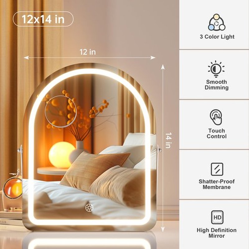 Hasipu Vanity Mirror with Lights and Bluetooth Speaker, 11.5"× 14" Arched LED Makeup Mirror, Lighted Makeup Mirror with Lights, Smart Touch Control Dimmable 3 Modes Light 360°Rotation White