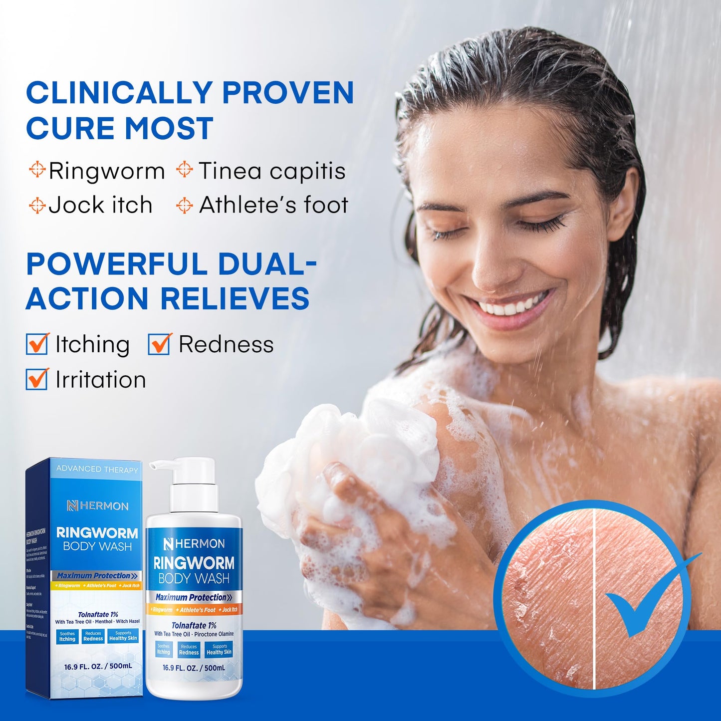 Antifungal Ringworm Treatment Body Wash - Antibacterial Wash with 1% Tolnaftate & Tea Tree Oil for Ringworm, Jock Itch, Tinea, Back Acne & Foot Odor on back, chest, groin, feet for Men and Women 500ml