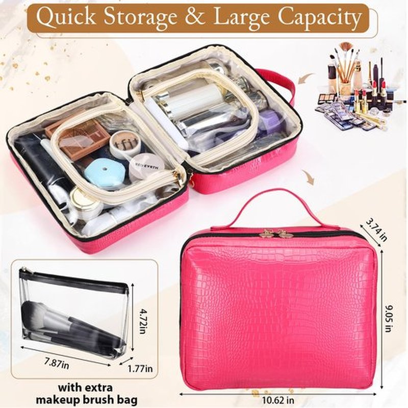 ZQQZAN Travel Cosmetic Bag - Leather Makeup Bag Organizer with Clear Makeup Pouch, Open Flat Design with Large Capacity, Travel Makeup Case for Women Girls, Hot Pink