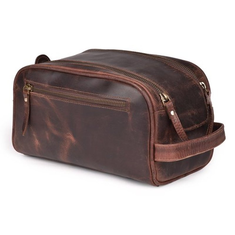 LEATHER VILLAGE Premium Leather Toiletry Travel Pouch With Waterproof Lining - Dark Brown | King-Size Handcrafted Vintage Dopp Kit Bag