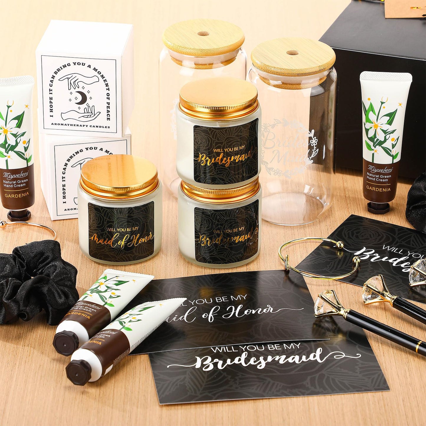 Teenyyou 60 Pcs Bridesmaid Proposal Gifts Bridesmaid Box Set, Maid of Honor Gifts Include Box Glass Cup Candle Cards Hair Ties Knotted Bracelets Hand Cream Diamond Pens(Black)