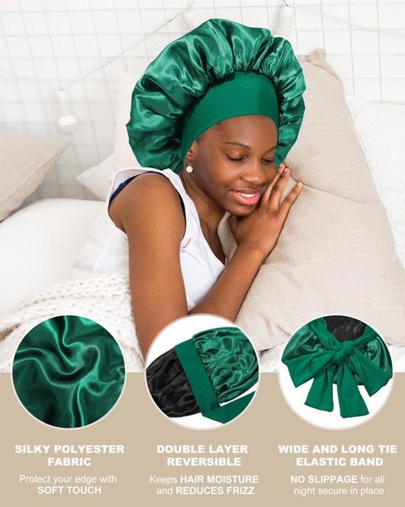 Satin Bonnet for Women Silk Bonnets for Sleeping Curly Hair Bonnet with Elastic Tie Band Reversible Double Layer Sleep Cap Hair Wrap (Black + Green)