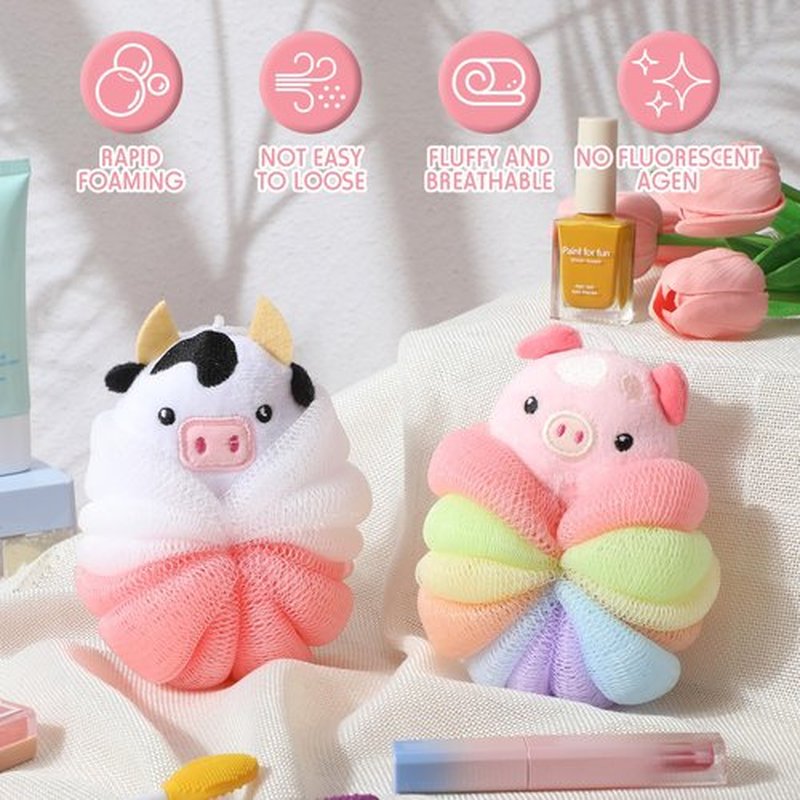 Nuenen 2 Pcs Bath Loofahs Kids Toddler Body Loofahs Cute Cartoon Kids Loofah Kid Bath Sponges Loofah Bath Pouf Body Scrubber Mesh Loofah Sponges for Children Shower Washing (Calf, Pig)