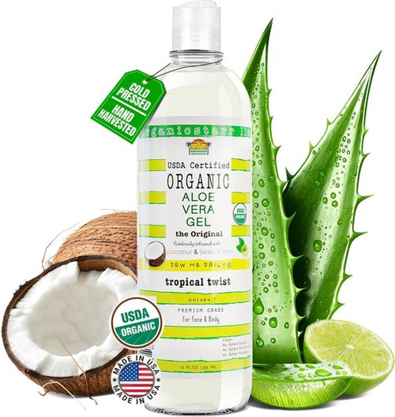 DEW ME DAILY USDA Certified Organic Aloe Vera Gel 12 oz - 100% Pure, Cold Pressed, Hand Harvested, Infused with Coconut, Lime & Verbena Essential Oils, Chemical-Free - Skin & Hair Care, Made in USA
