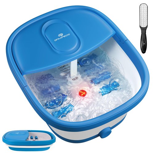 SPA4PIEDS Collapsible Foot Spa Bath Massager with Heatkeep, Bubbles, and Red Light, 8 Shiatsu Massage Rollers, A Double-Sided Foot File for Stress Relief & Soft Feet, Space-Saving Foot Soaker, Blue