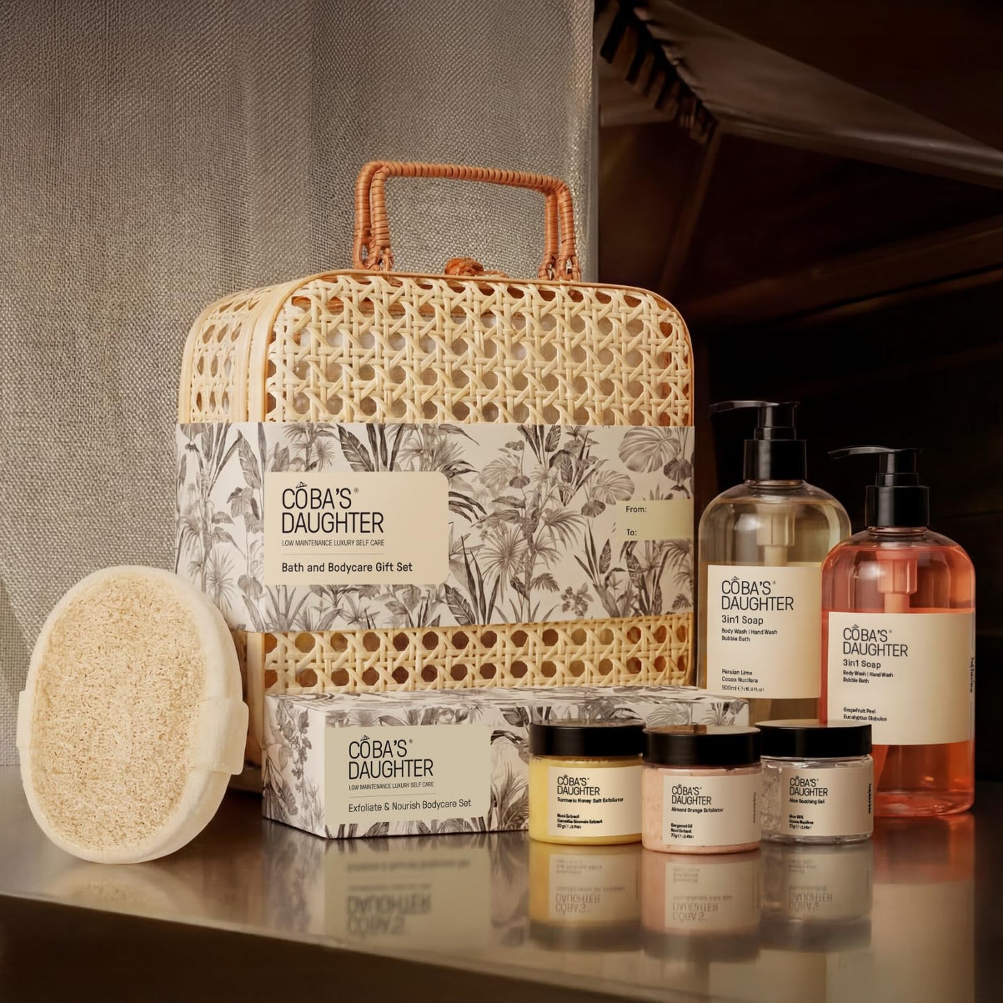 COBA’S DAUGHTER Luxury Spa Gift Set – 7-Piece Bath & Body Set with Rattan Case, Body Wash, Bubble Bath & Scrub – Premium Holiday, Birthday, Mother's Day, Housewarming, Bridal Shower & Self-Care Gift