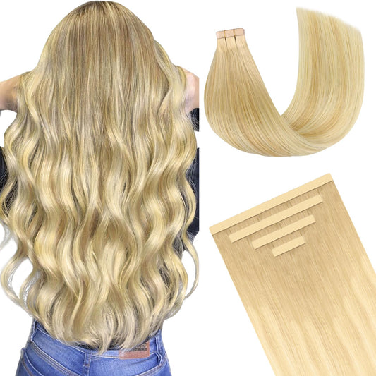 DOORES Tape in Hair Extensions, Drity Blonde Mixed Platinum Blonde 10pcs 25g 14 Inch, Human Hair Extensions Tape in Natural Hair Invisible Tape in Hair Extensions