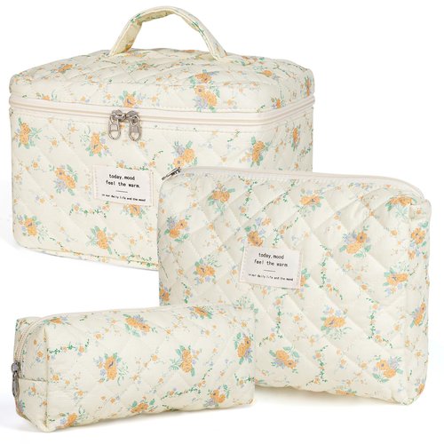 Makeup Bag,Quilted Cosmetic Bag,Large Floral Make Up Bag for Women,Cotton Makeup Bag Set,Flower Travel Toiletry Bag