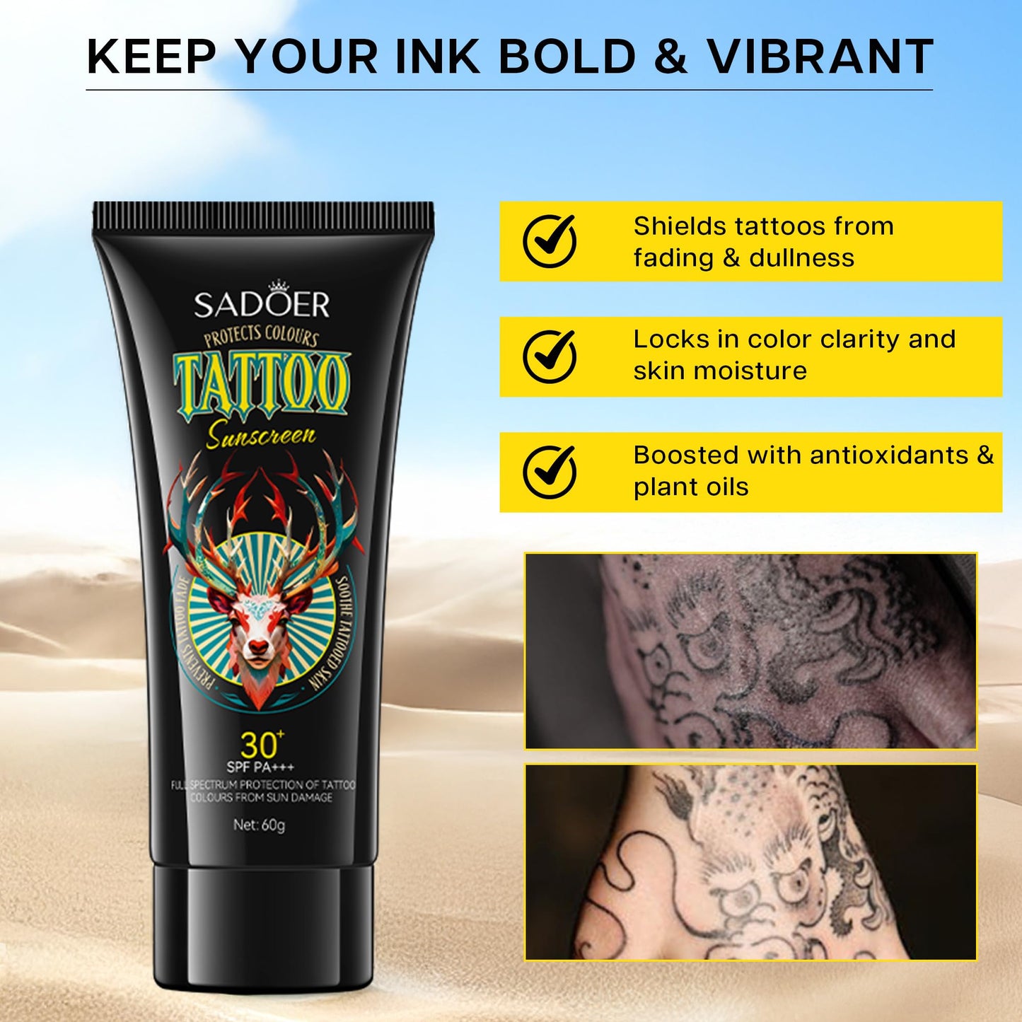 VRAIKO SADOER Tattoo Sunscreen SPF 30+, Fade Protection & Anti-Aging Formula with Avocado Oil, Jojoba Oil, Hyaluronic Acid and Aloe, Moisturizer for Vibrant Tattoos, 2oz