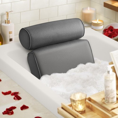 LuxStep Bath Pillow Bathtub Pillow with 6 Non-Slip Suction Cups for Head,Neck and Back Support, Extra Thick and Soft Air Mesh Spa Pillow for Bath - Fits All Bathtub, 15.35x14.56 Inch,Grey