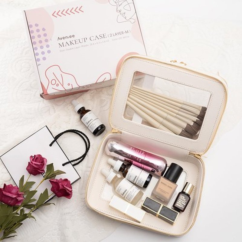 Aveniee Large Clear Makeup Bags, Double Layer Cosmetic Bags with Separate Brush Compartment, Travel Toiletry Bag Cosmetic Train Case, Travel Accessories Organizer for Women(2 Layers, White)