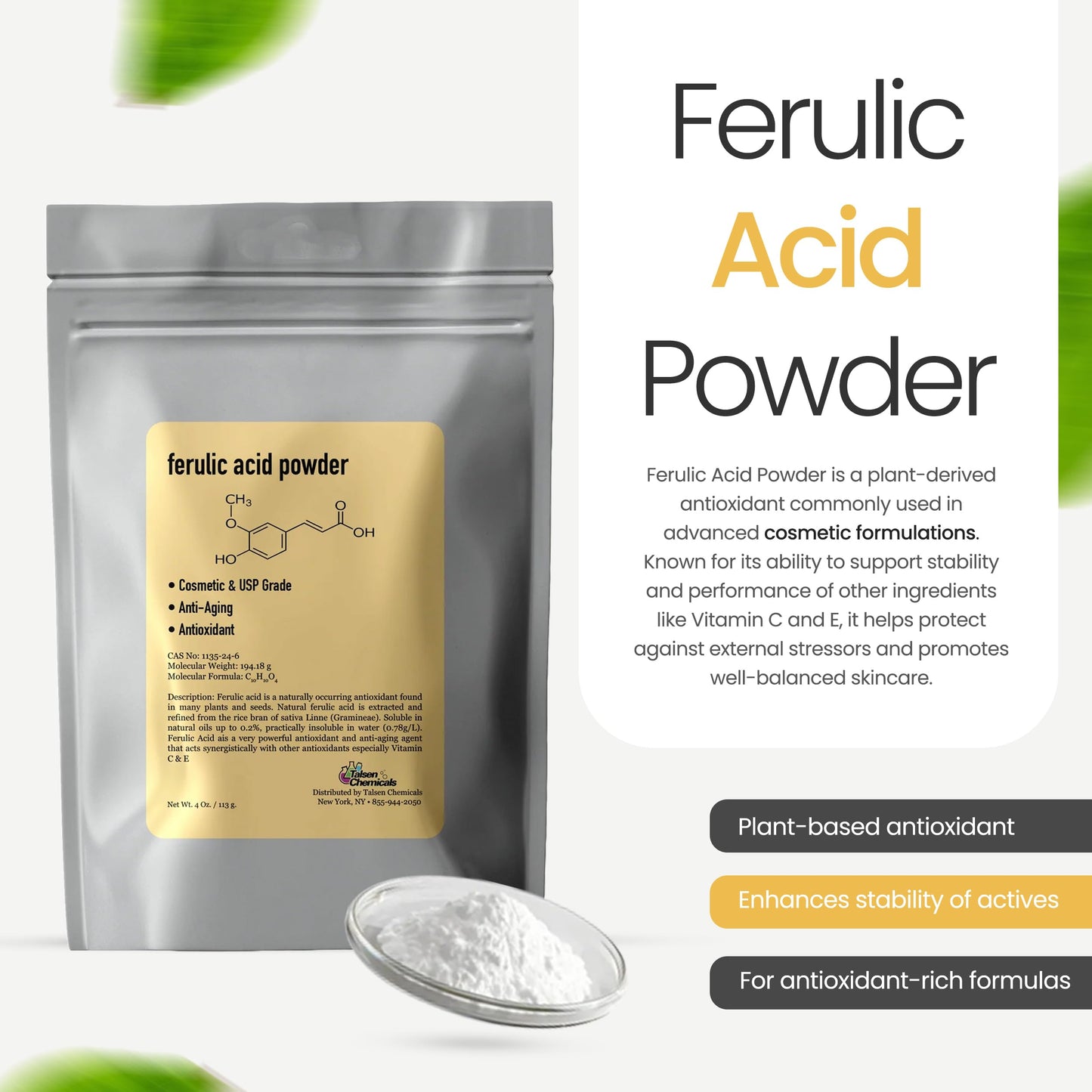 Ferulic Acid Powder Pure 99% Pure Cosmetic Grade Powder Pure Natural, DIY Skincare (2 Oz / 56 Grams), by Talsen Chemicals
