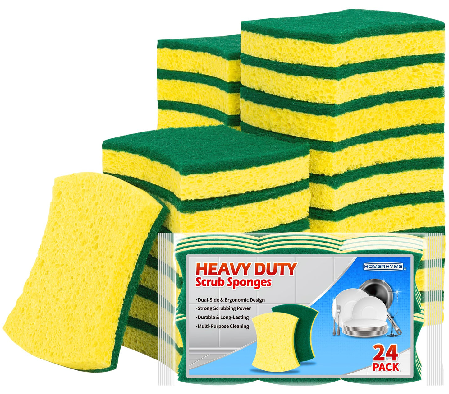 HOMERHYME Heavy Duty Scrub Sponge 24 Pack, Eco Cellulose Kitchen Dish Sponge Multipurpose Ergonomic for Washing Dishes, Uncoated Cookware & Household Cleaning.