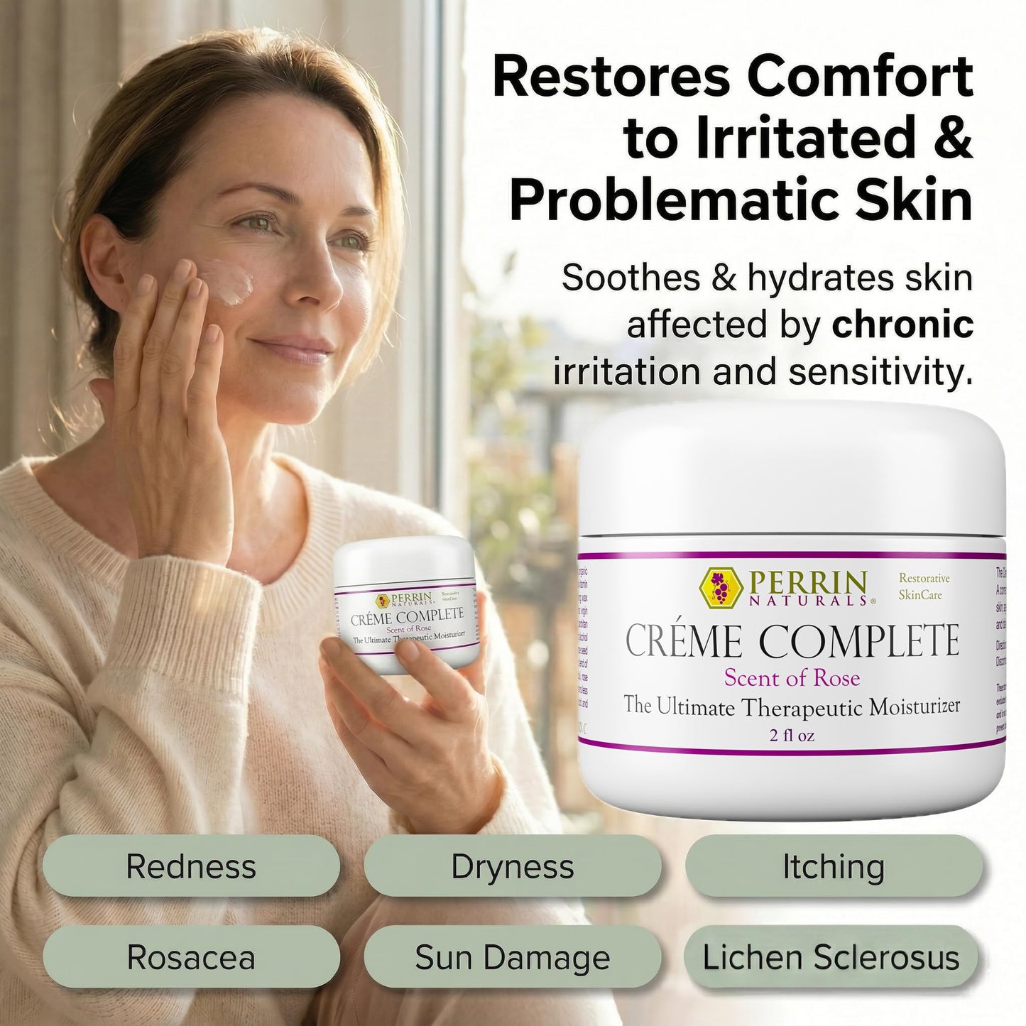 Perrin Naturals Crème Complete, Lichen Sclerosus treatment Cream for Dry Sensitive Skin, Restorative Anti Aging Face & Body Moisturizer with Barrier Support for Women, Scent of Rose, 2 oz