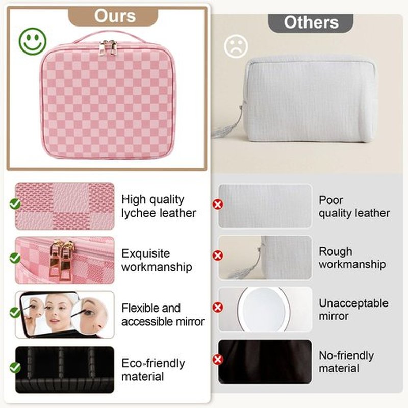 Makeup Bag with Lighted Mirror, Travel Make up Train Case with Adjustable Brightness Vanity Mirror and Detachable 10x Magnifying Mirror, PU Lether Cosmetics Organizer for Women (Pink Plaid)