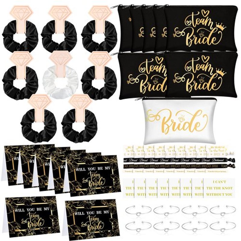 63 Pcs Bridesmaid Proposal Gifts Bulk Maid of Honor Gifts Matron of Honor Gifts Brides Bridesmaid Cosmetic Makeup Bag Hair Knotted Bracelets Invitation Cards for Wedding Bachelorette (Dark Style)