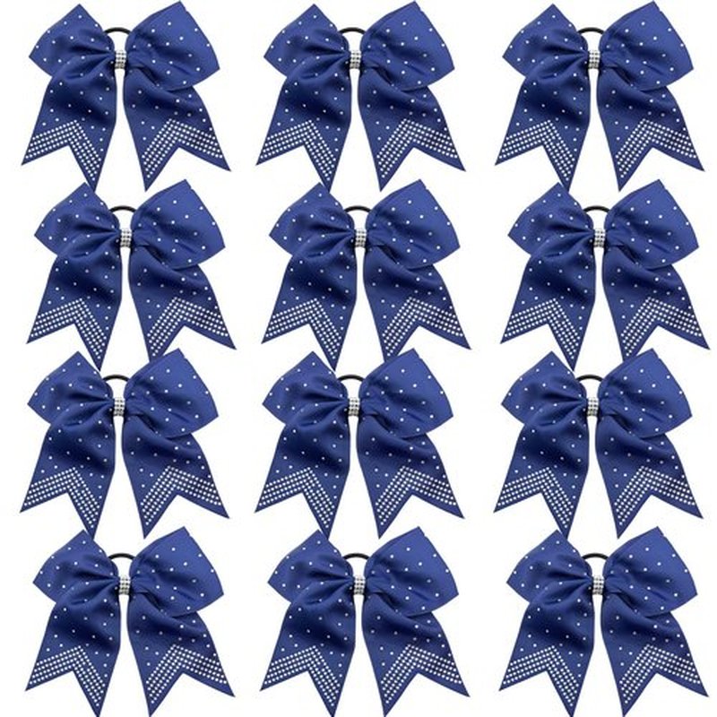 Hipcheer 12PCS 8" Rhinestones Large Cheer Hair Bows for Girls, Hand-made Grosgrain Ribbon Hair Accessories for Teen Girls Softball Cheerleader Sport (Navy)