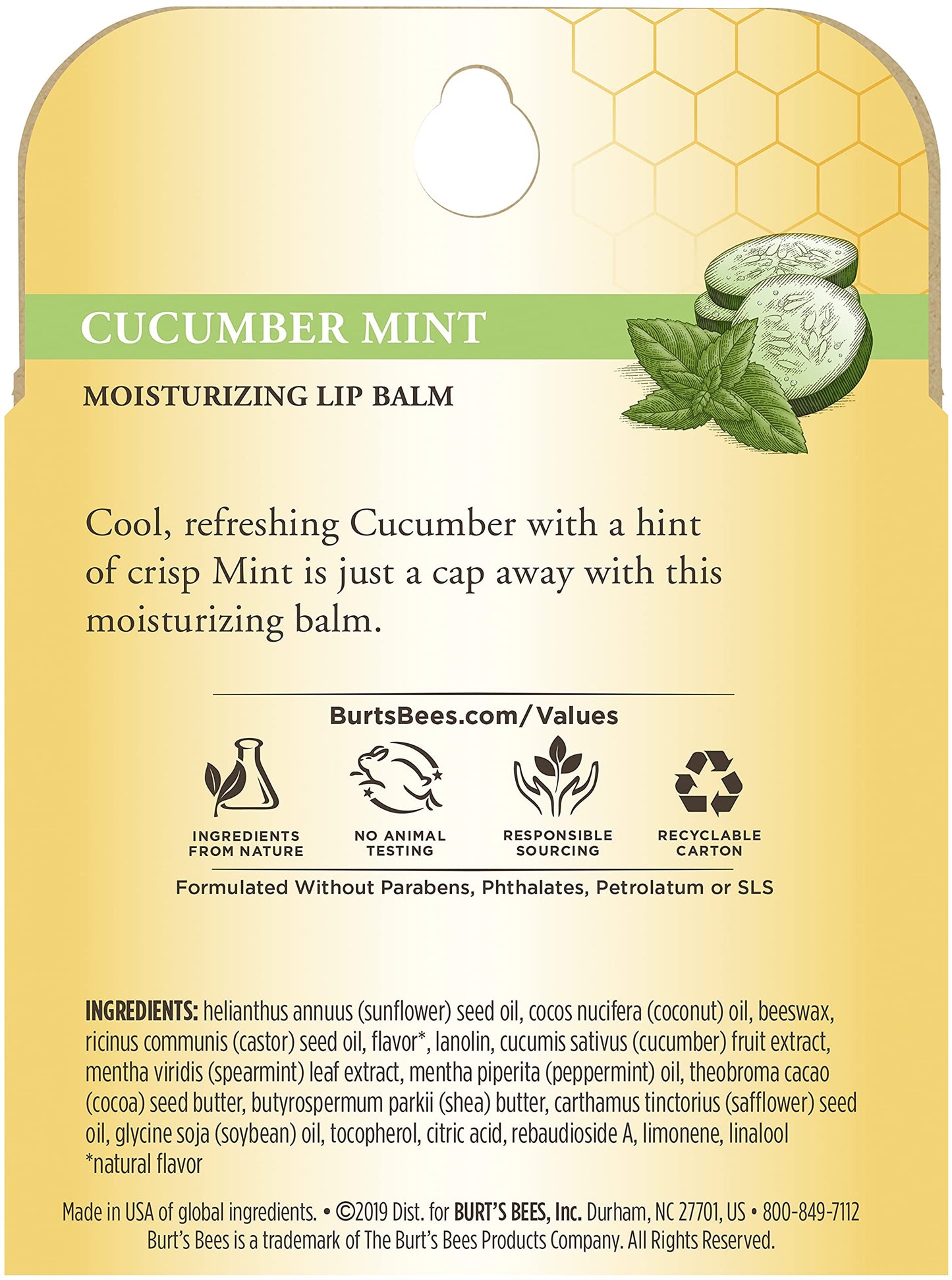 Burt's Bees 100% Natural Origin Moisturizing Lip Balm, Cucumber Mint with Beeswax, 4 Tubes