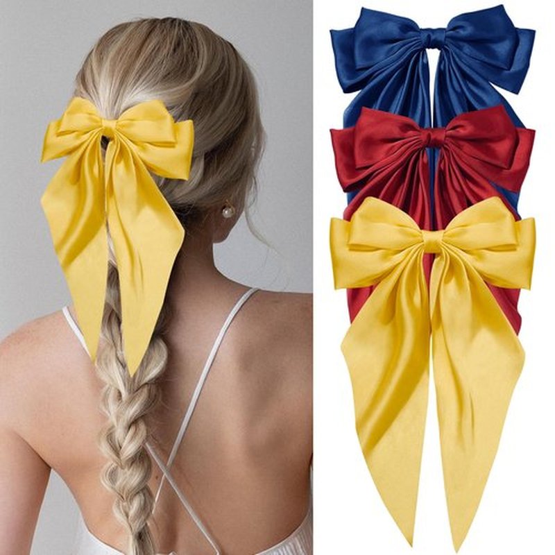 Hair Bows for Women Girls Silky Satin Big Bows Hair Barrettes Oversized Hair Accessories Long Tail Hair Ribbons -3Pcs -Sapphire Blue Yellow Red