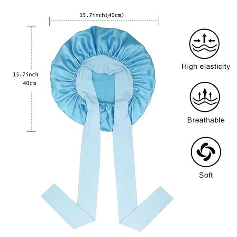 Satin Bonnet Silk Bonnet Hair Bonnet for Sleeping Large Bonnets with Tie Band Hair Wrap with Adjustable Straps Hair Cap Night Sleep Caps for Women Curly Braid Hair(Black,Sky Blue)