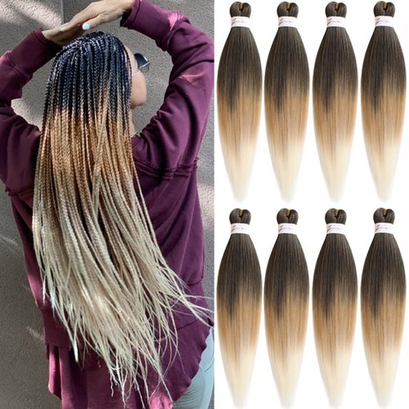 Unionbeauty Pre Stretched Braiding Hair 26 Inch 8 Packs Ombre Brown Blonde Crochet Easy Braid Hair Extensions Synthetic Braid Hair Crochet Hair Hot Water Setting for Box Braids Yaki Texture(1B27613#)