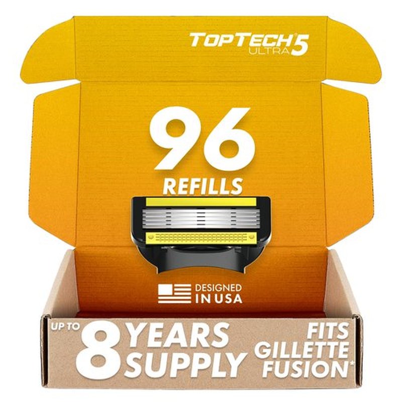 TopTech ULTRA 5 Razors for Men - Manual Shaving Razor Refills - 96 Replaceable Cartridges Pack - 5 Blades Technology - Fits Gillette Fusion - Soft Shave & Super Sharp - Best Refill Price - Wholesale