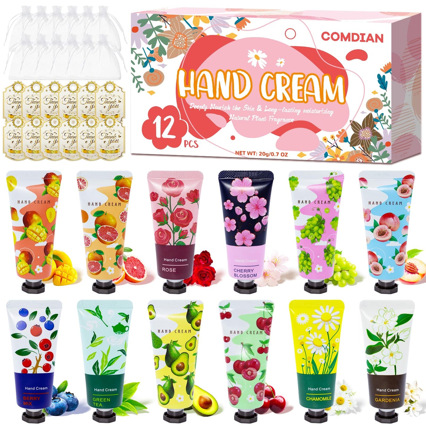 Comdian 12 Pack Hand Cream for Women, Mini Hand Lotion Travel Size for Dry Cracked Care, Natural Plant Fragrance Moisturizer Present Set for Mother, Teacher Appreciation and Bridesmaid Present