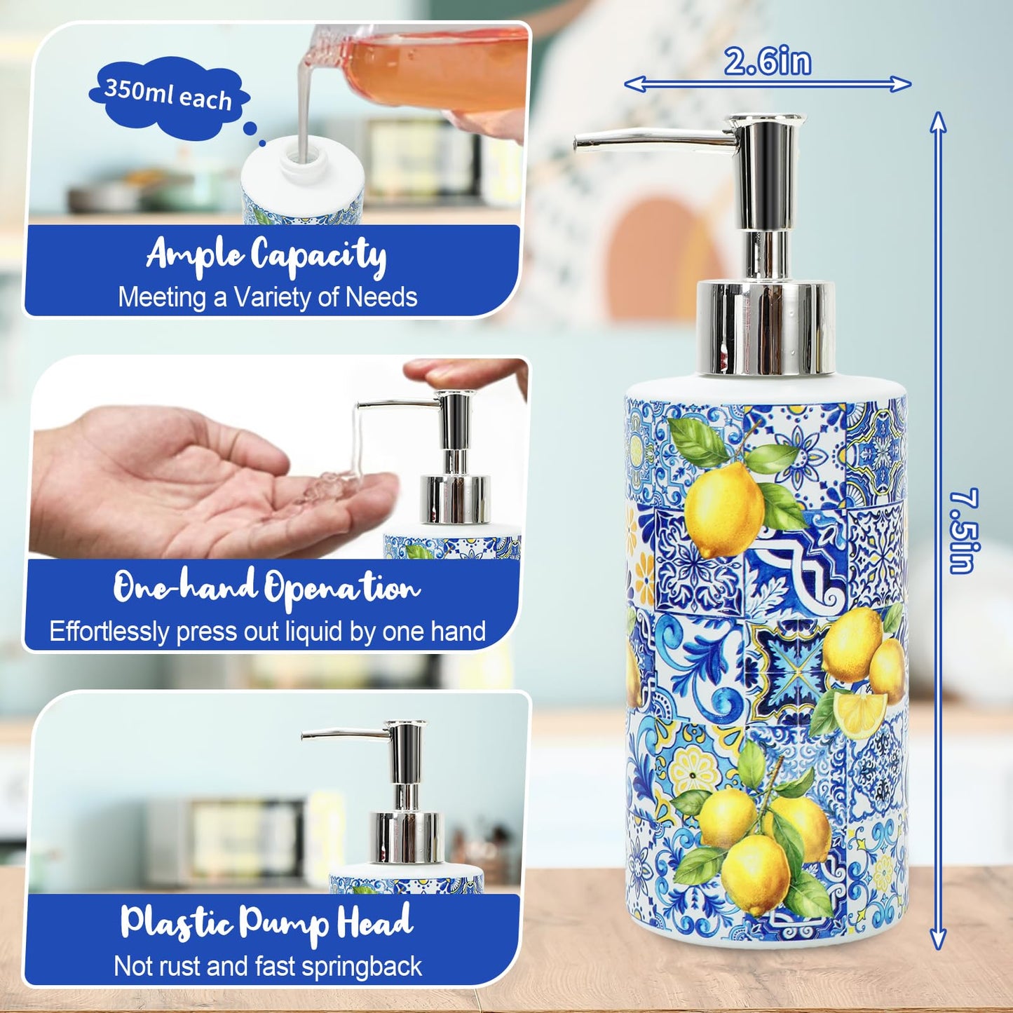 JarThenaAMCS Capri Lemon Soap Dispenser Blue Tile Yellow Lemon Glass Dispenser with Pump Refillable Liquid Soap Container for Summer Home Kitchen Bathroom Countertop