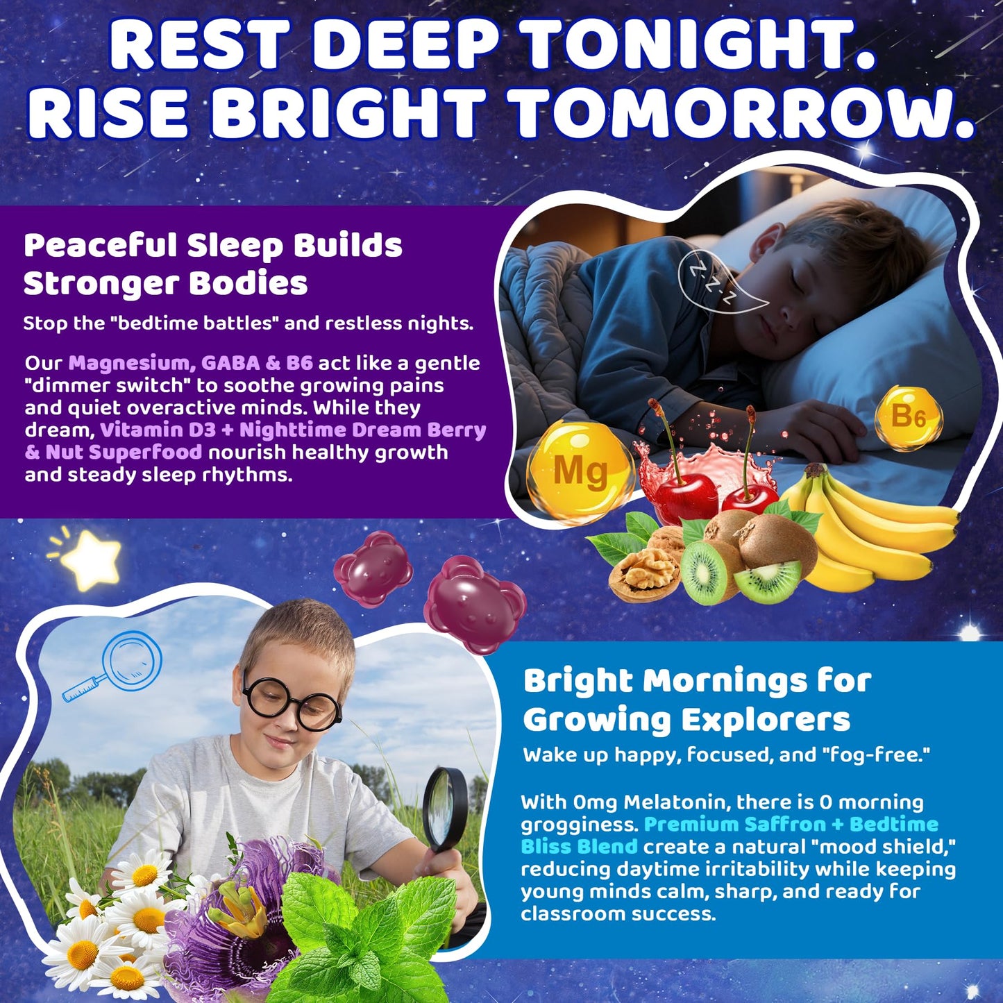 Kids Sleep Gummies NO Melatonin - Magnesium Glycinate Gummies + Saffron, GABA, Berry & Nut Superfood, Sugar Free Nighttime Sleep Aid & Calm for Kids 4+ Teens, Relaxation, Brain & Muscle, 2Pack