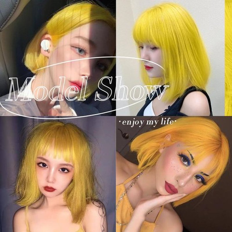 Tangyaoyusun 12Inch Lemon Yellow Wig with Bang Short Straight Bob Hair For Girls Women Theme Party (Lemon Yellow)