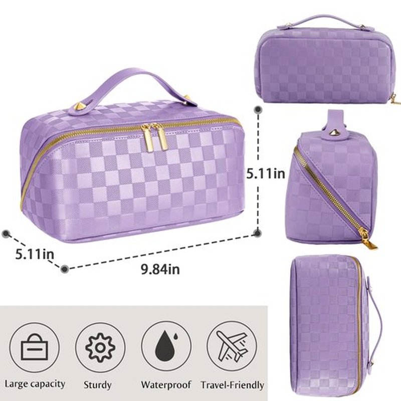 ALEXTINA Travel Makeup Bag, Vegan Leather Large Capacity Cosmetic Bags for Women,Waterproof Portable Pouch Open Flat Toiletry Bag Makeup Bag Organizer with Fixed Divider, Purple